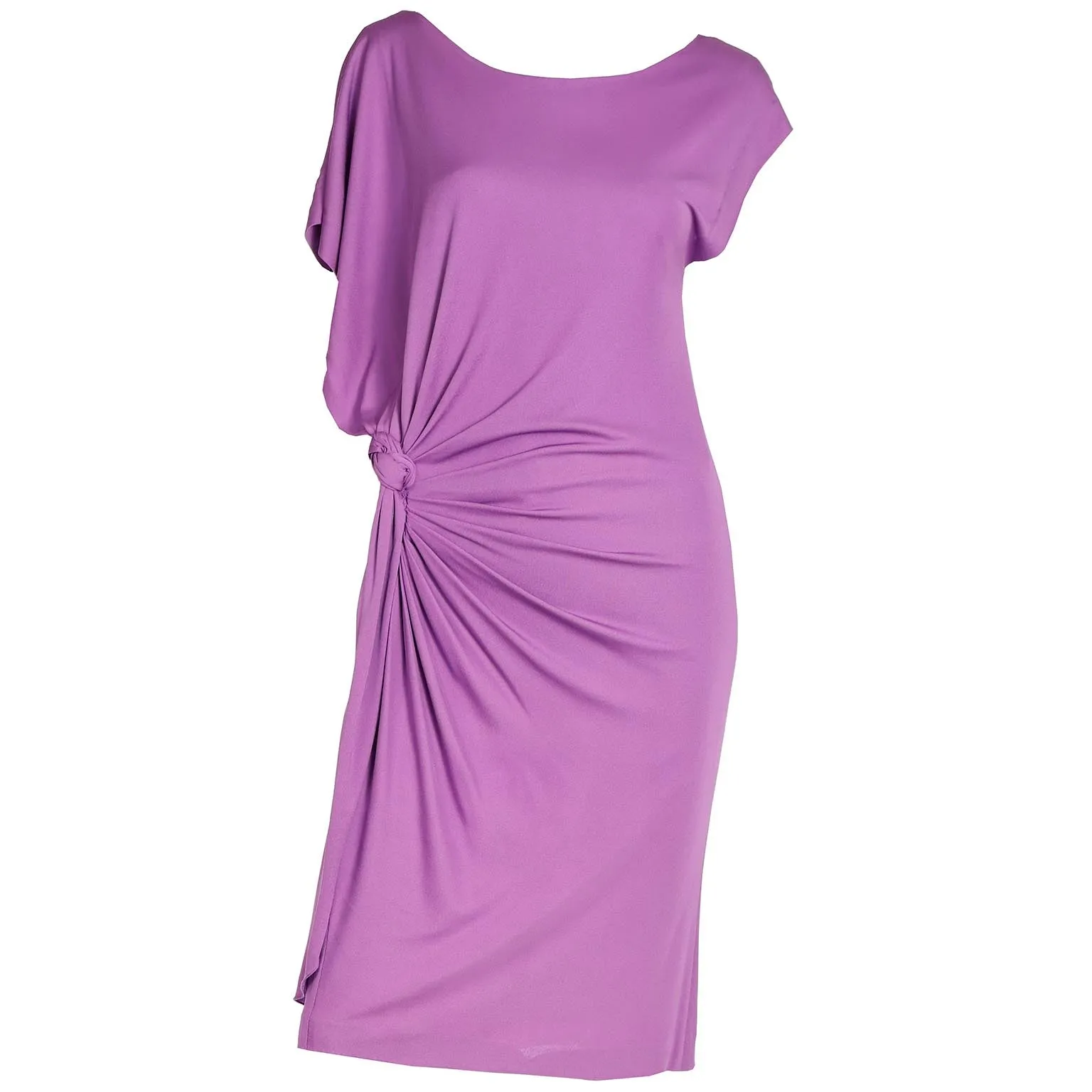 2000s Asymmetrical Y2K Purple Silk Jersey Gathered Knotted Dress