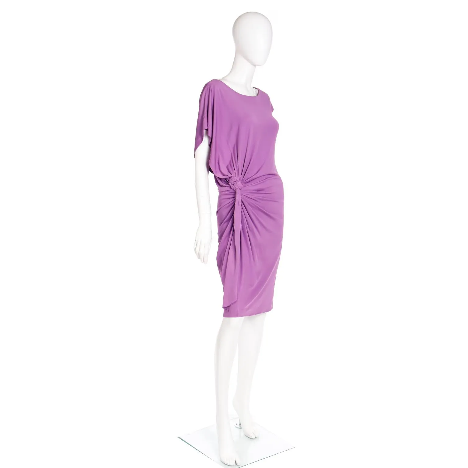 2000s Asymmetrical Y2K Purple Silk Jersey Gathered Knotted Dress