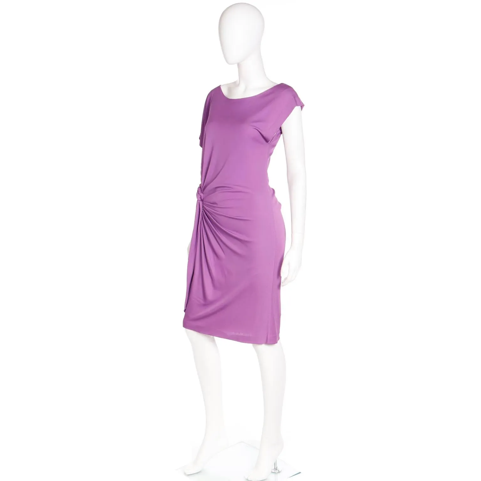 2000s Asymmetrical Y2K Purple Silk Jersey Gathered Knotted Dress