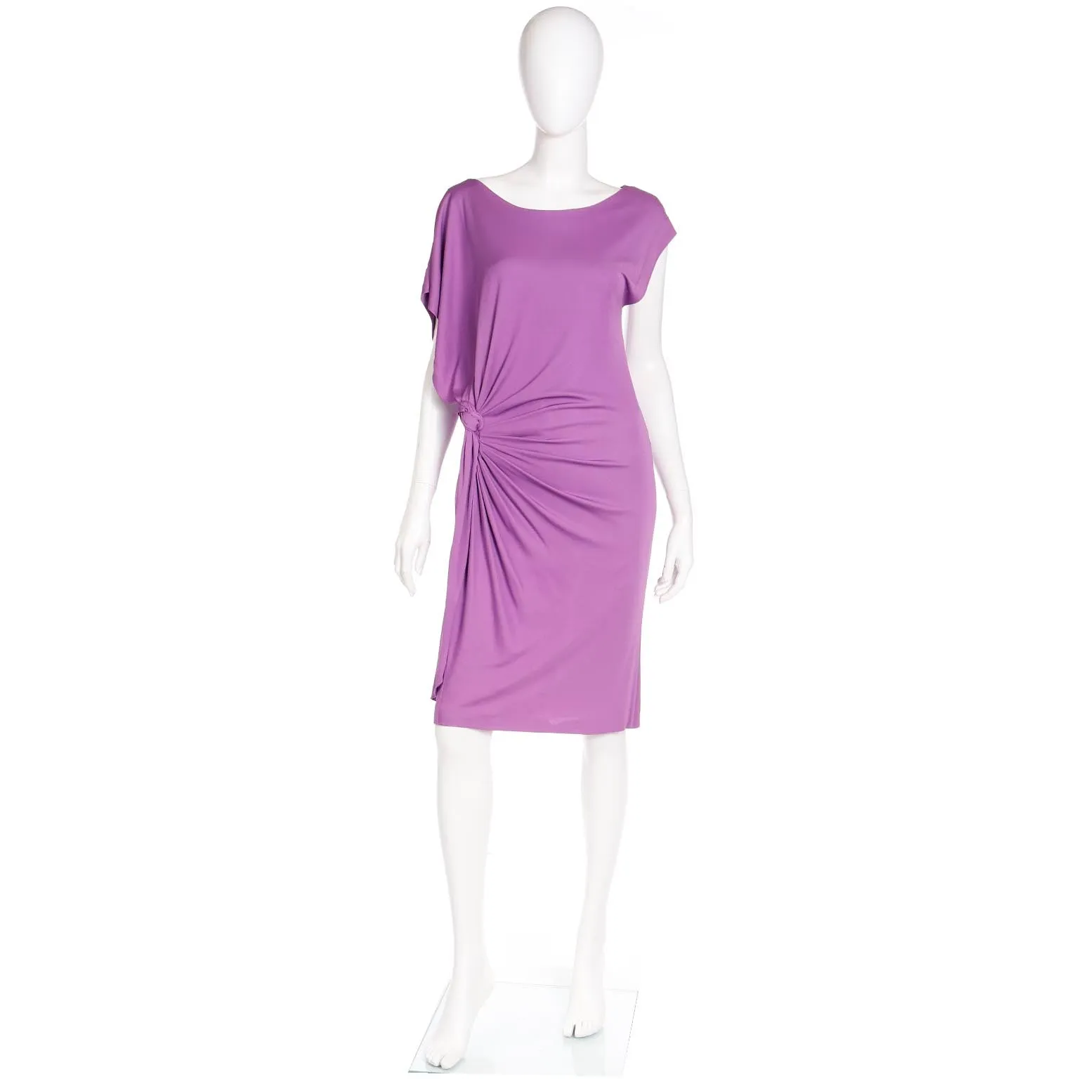 2000s Asymmetrical Y2K Purple Silk Jersey Gathered Knotted Dress