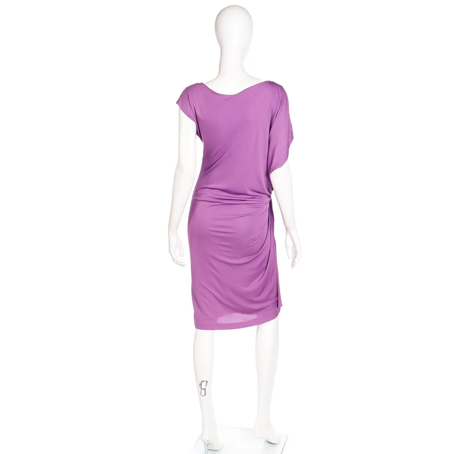 2000s Asymmetrical Y2K Purple Silk Jersey Gathered Knotted Dress