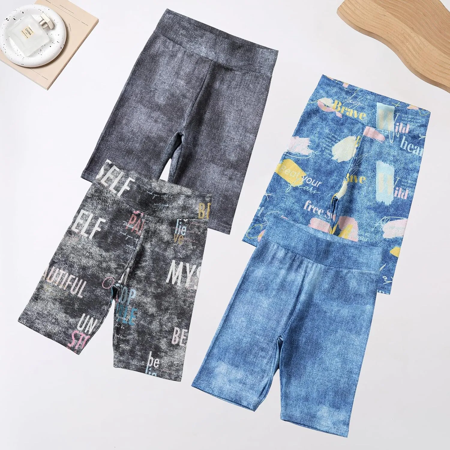 4 Pack Girls Denim Jean Shorts Kids High Waist Stretch Summer Jeans Girls Denim Midi Shorts