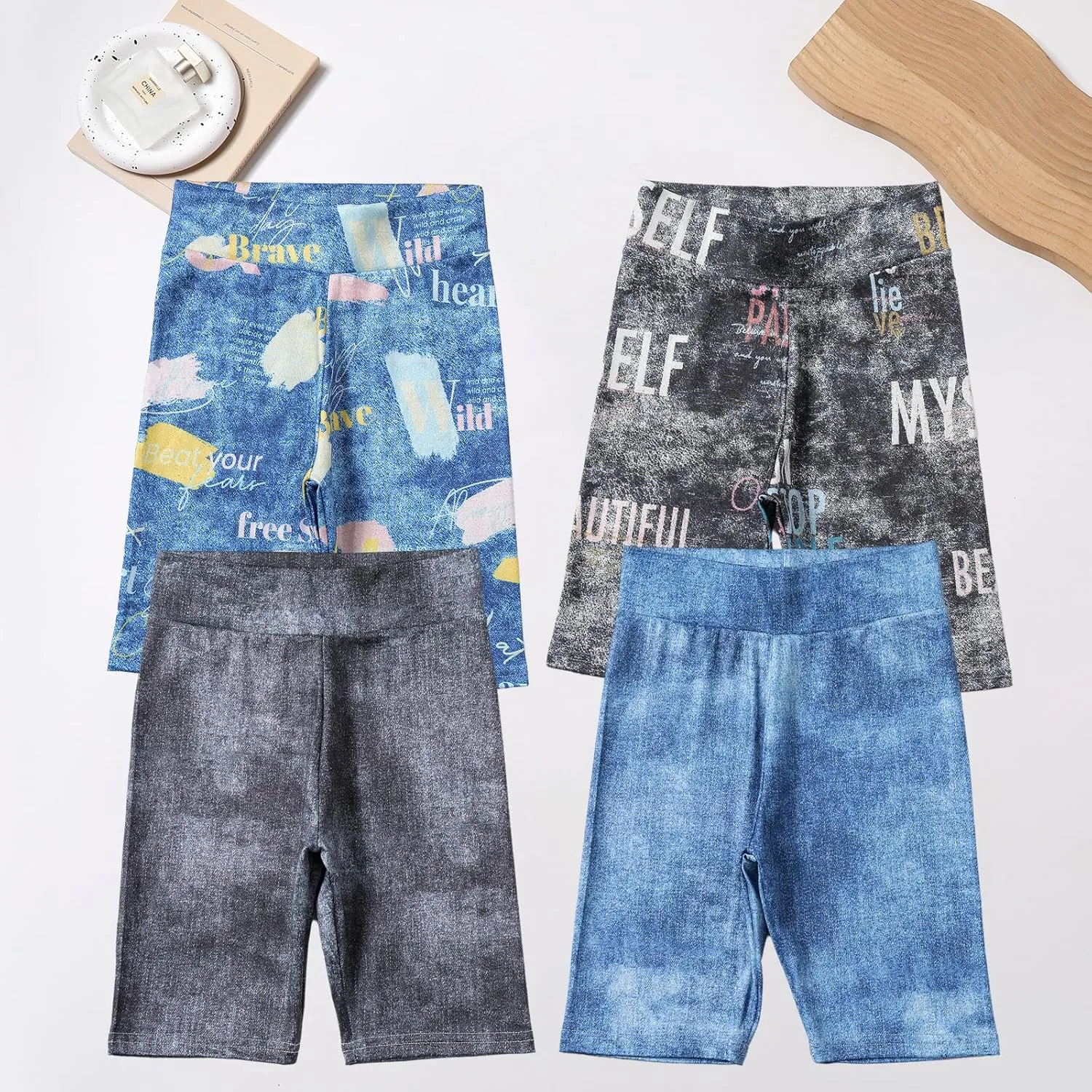 4 Pack Girls Denim Jean Shorts Kids High Waist Stretch Summer Jeans Girls Denim Midi Shorts