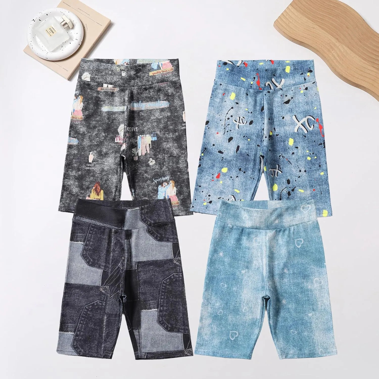 4 Pack Girls Denim Jean Shorts Kids High Waist Stretch Summer Jeans Girls Denim Midi Shorts