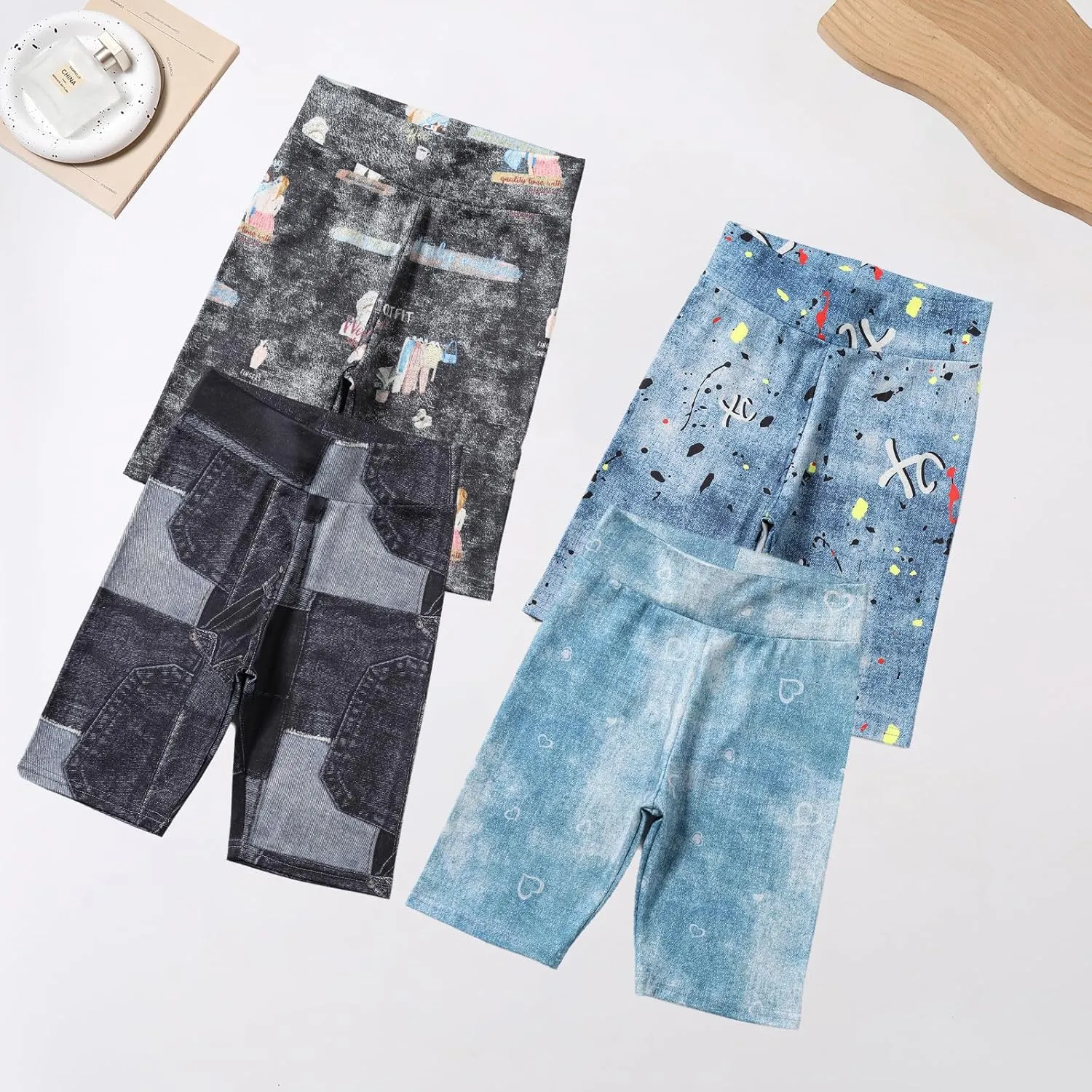 4 Pack Girls Denim Jean Shorts Kids High Waist Stretch Summer Jeans Girls Denim Midi Shorts