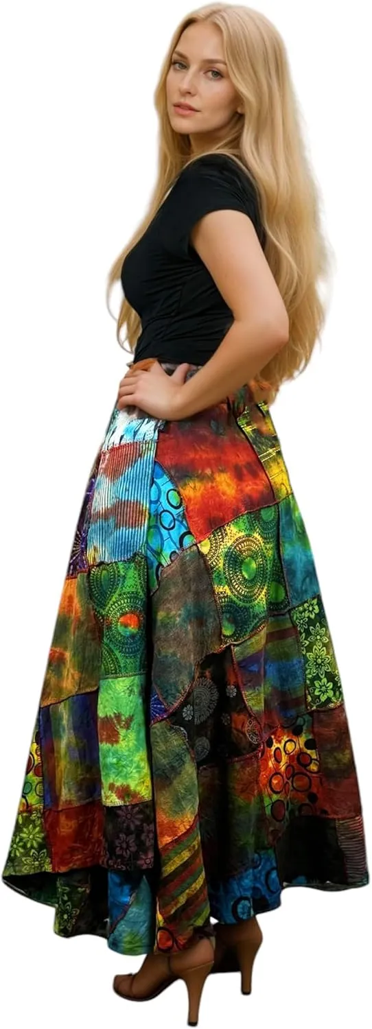 Agan Traders Women's 2025 Summer Boho Maxi Skirt for Fall Patched Tie Up High Waisted Long Skirt Bohemian Wrap Cover Up