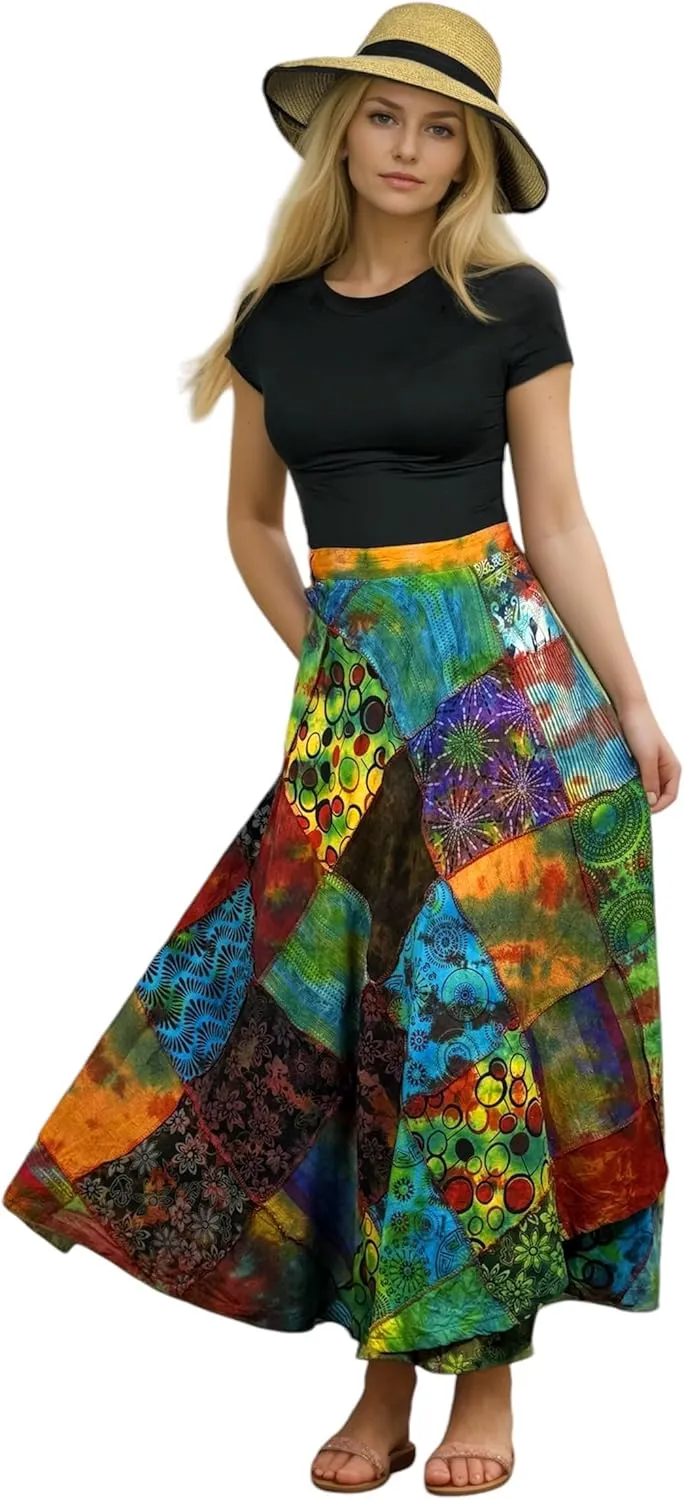 Agan Traders Women's 2025 Summer Boho Maxi Skirt for Fall Patched Tie Up High Waisted Long Skirt Bohemian Wrap Cover Up