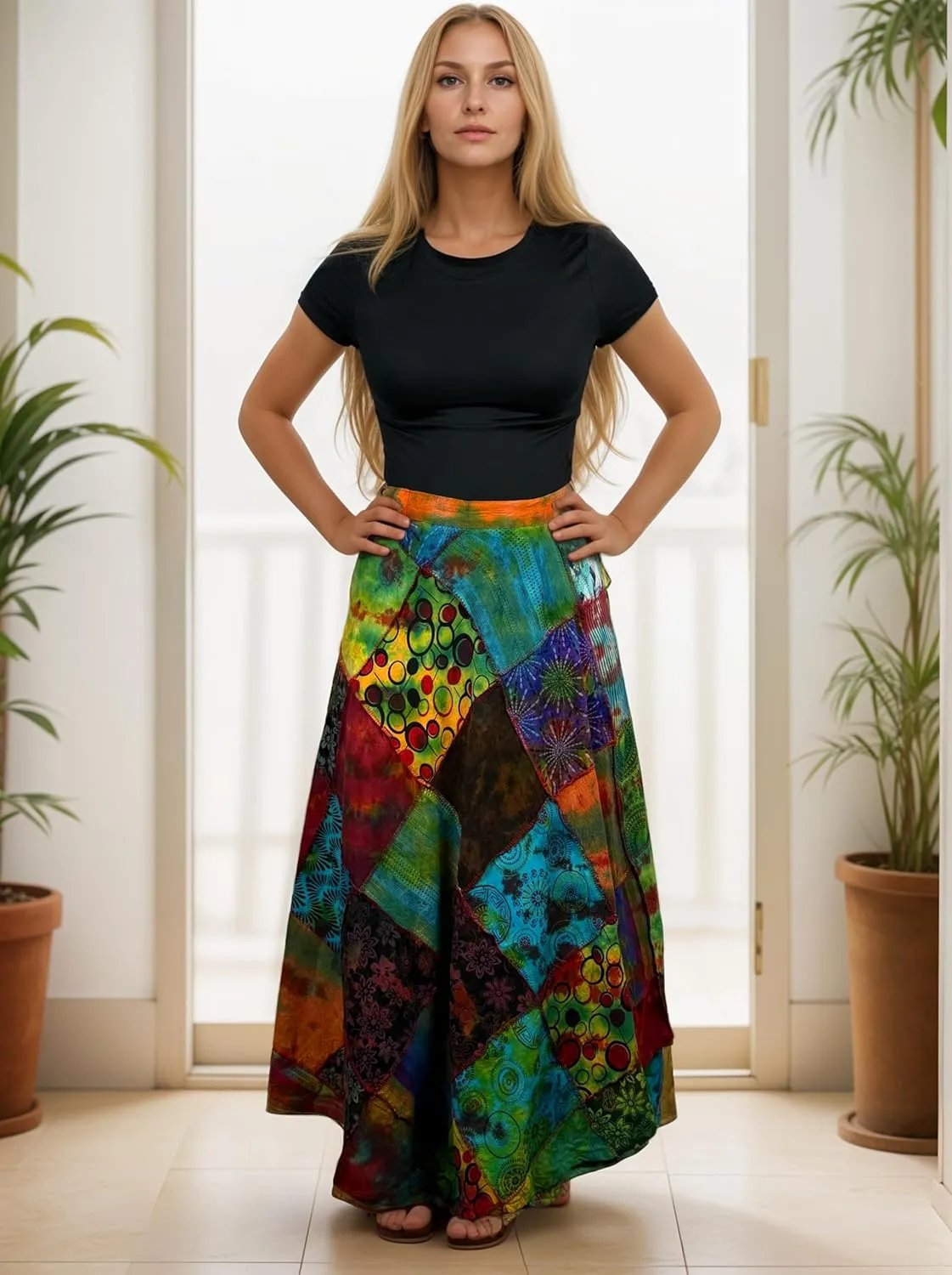 Agan Traders Women's 2025 Summer Boho Maxi Skirt for Fall Patched Tie Up High Waisted Long Skirt Bohemian Wrap Cover Up