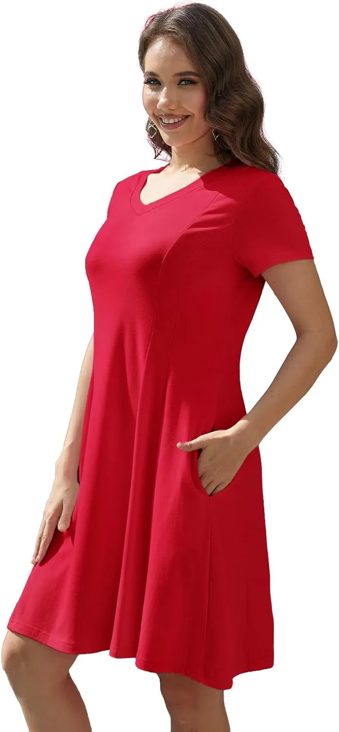 Alaster Queen Womens 2025 Casual Summer Dresses Flowing V Neck Mini Dress Short Sleeve T Shirts for Women with Pocket