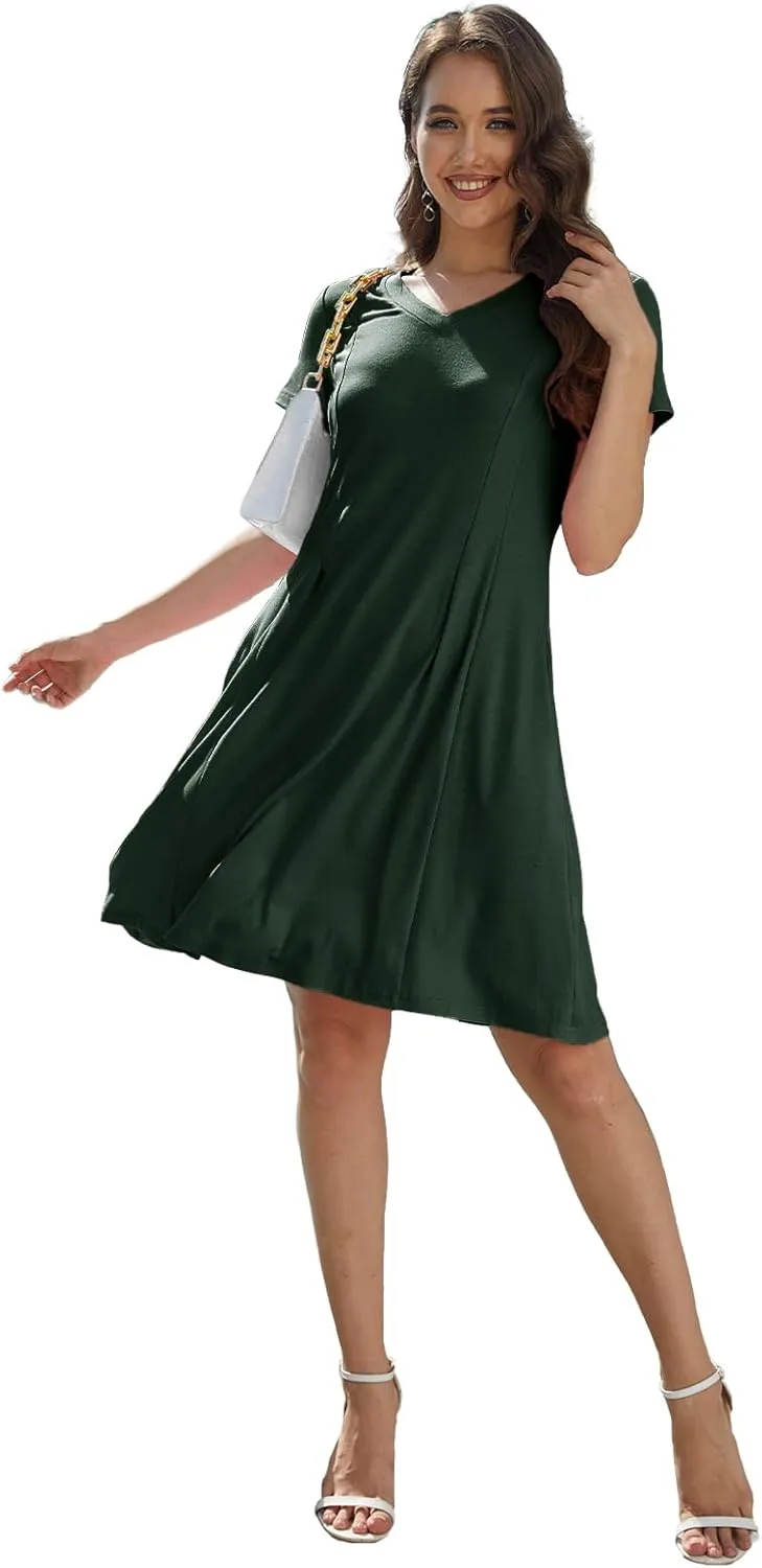 Alaster Queen Womens 2025 Casual Summer Dresses Flowing V Neck Mini Dress Short Sleeve T Shirts for Women with Pocket