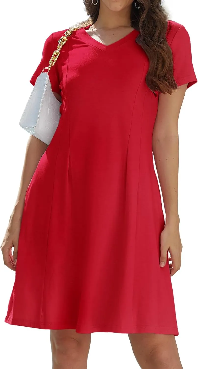 Alaster Queen Womens 2025 Casual Summer Dresses Flowing V Neck Mini Dress Short Sleeve T Shirts for Women with Pocket