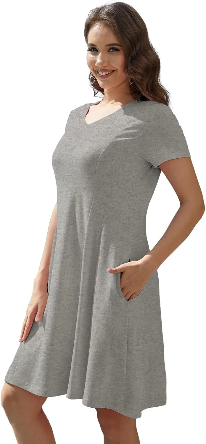 Alaster Queen Womens 2025 Casual Summer Dresses Flowing V Neck Mini Dress Short Sleeve T Shirts for Women with Pocket