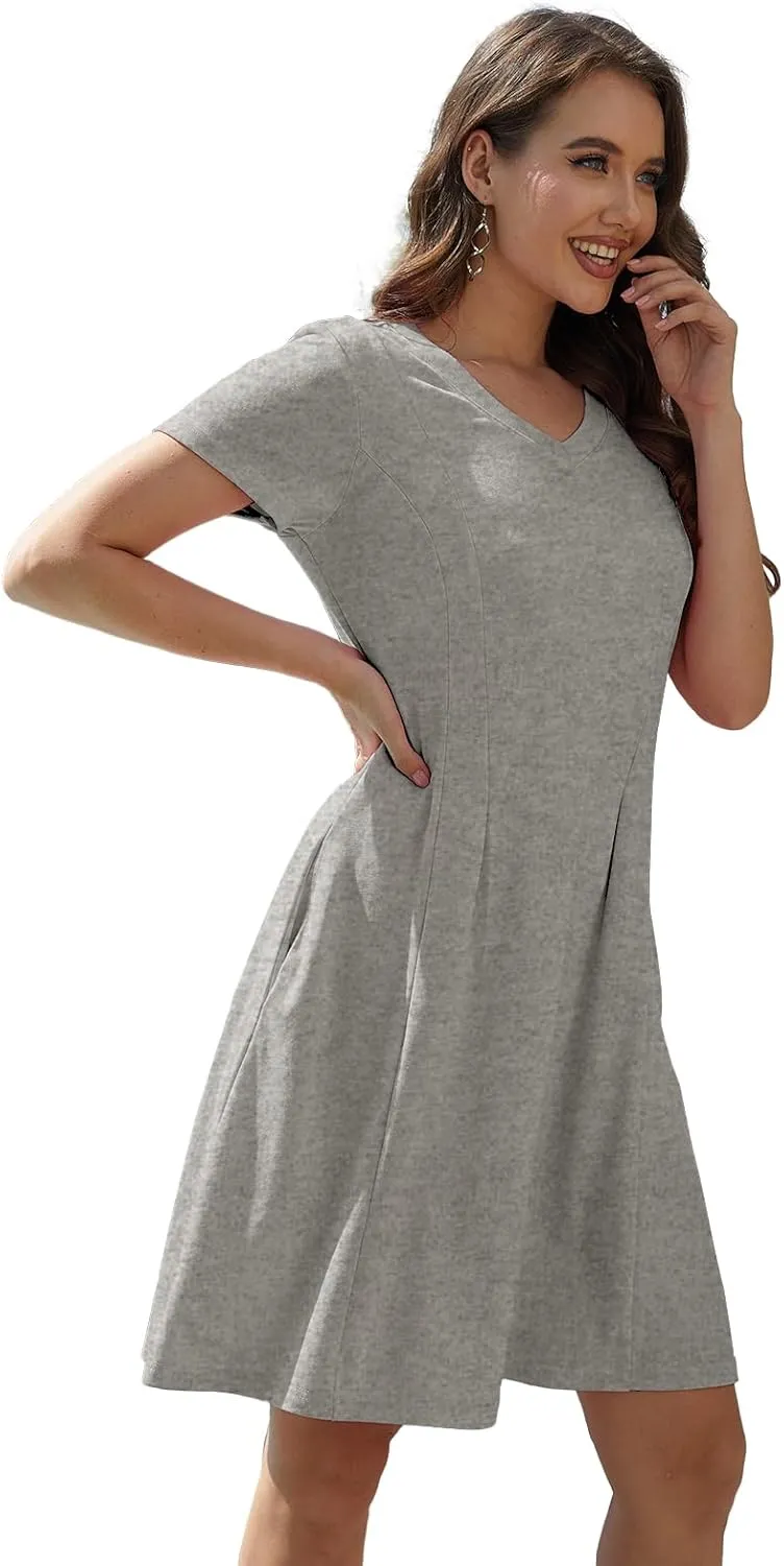 Alaster Queen Womens 2025 Casual Summer Dresses Flowing V Neck Mini Dress Short Sleeve T Shirts for Women with Pocket