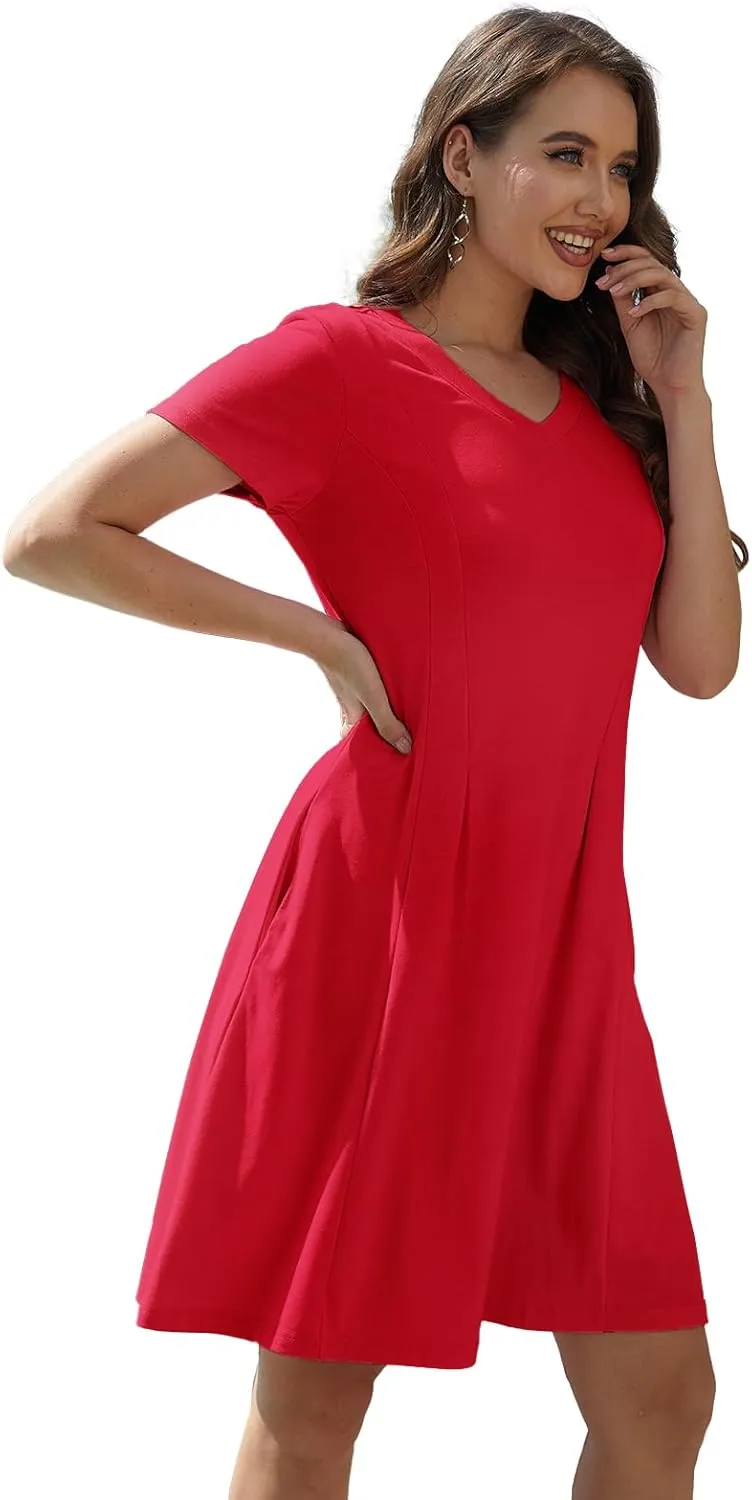 Alaster Queen Womens 2025 Casual Summer Dresses Flowing V Neck Mini Dress Short Sleeve T Shirts for Women with Pocket