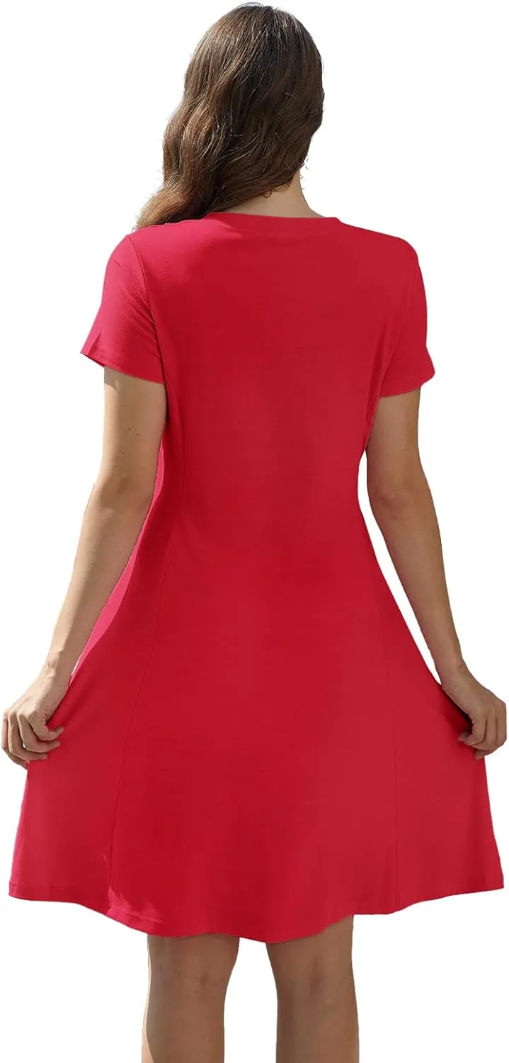 Alaster Queen Womens 2025 Casual Summer Dresses Flowing V Neck Mini Dress Short Sleeve T Shirts for Women with Pocket