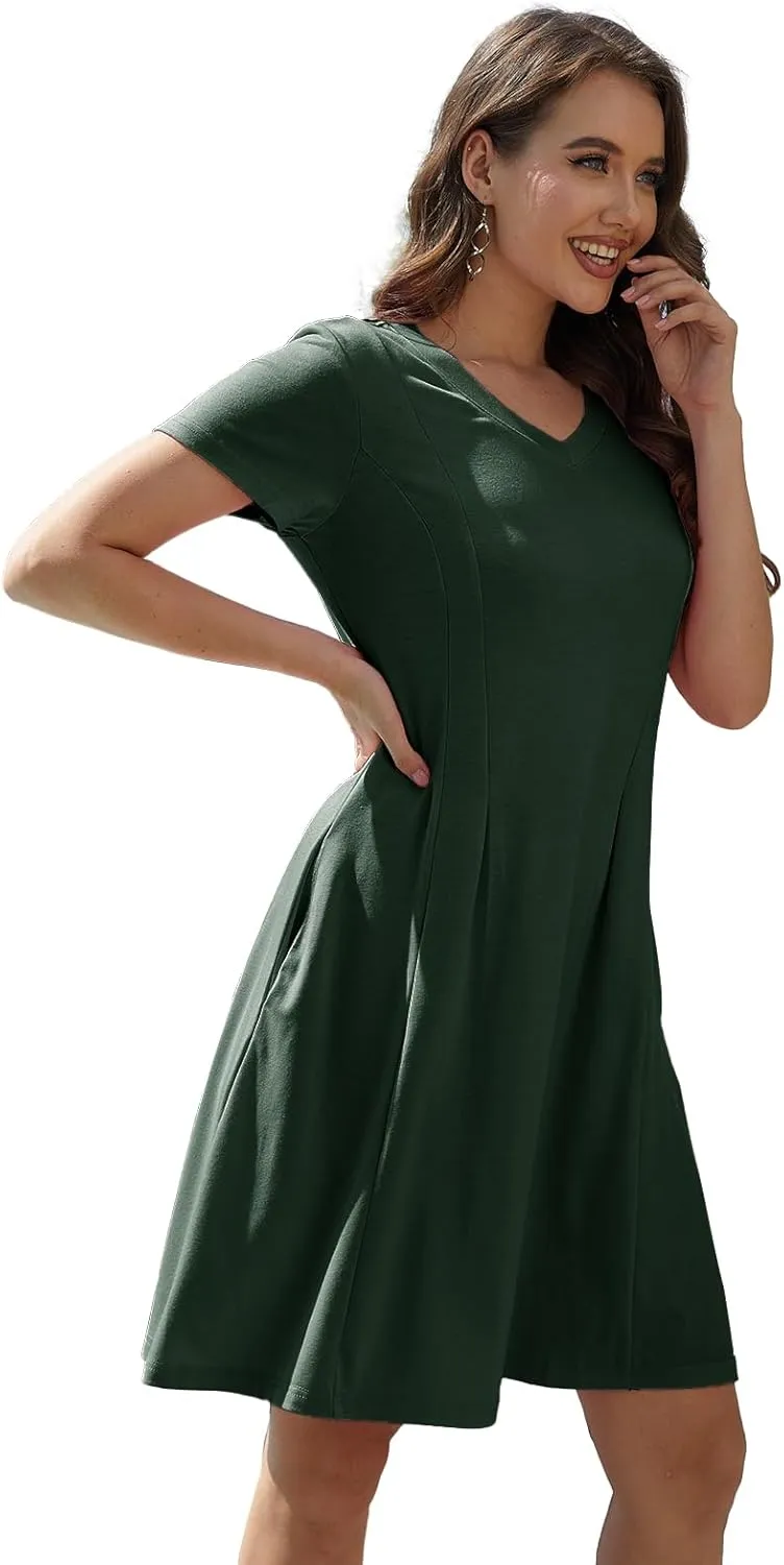 Alaster Queen Womens 2025 Casual Summer Dresses Flowing V Neck Mini Dress Short Sleeve T Shirts for Women with Pocket