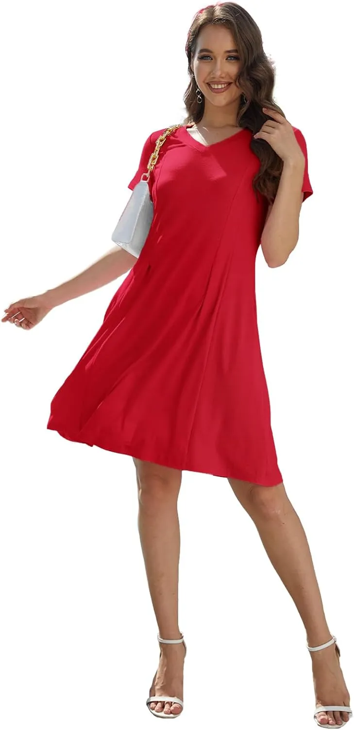 Alaster Queen Womens 2025 Casual Summer Dresses Flowing V Neck Mini Dress Short Sleeve T Shirts for Women with Pocket