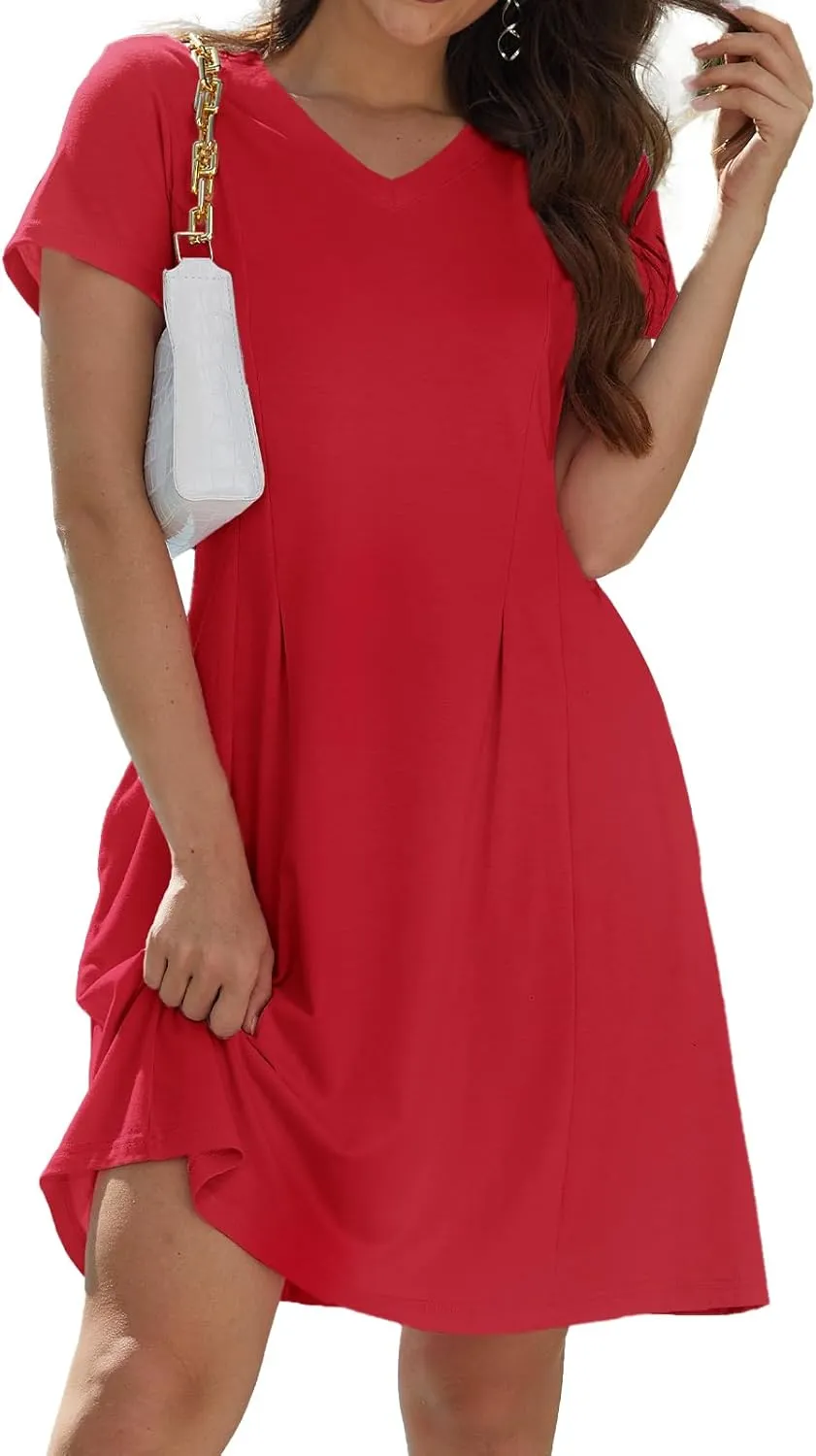 Alaster Queen Womens 2025 Casual Summer Dresses Flowing V Neck Mini Dress Short Sleeve T Shirts for Women with Pocket
