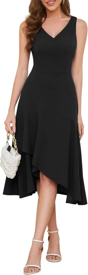 Aupuls Women Midi Cocktail Dresses V Neck High Low Formal Party Evening Wedding Guest Dresses