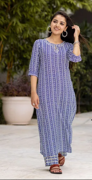 Breezy Blue Muslin Kurti Set with Printed Design - Designer Readymade