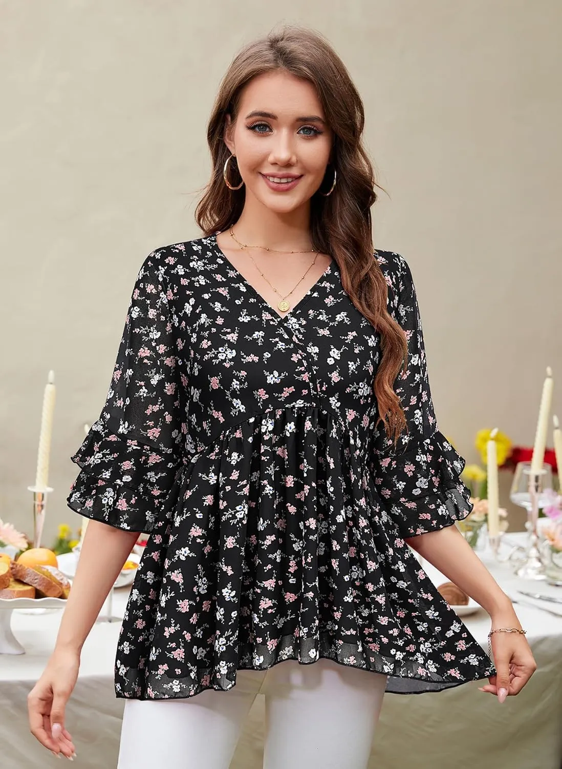 Bulotus Womens 3/4 Sleeve Ruffle Dressy Casual Tops V Neck Chiffon Blouses