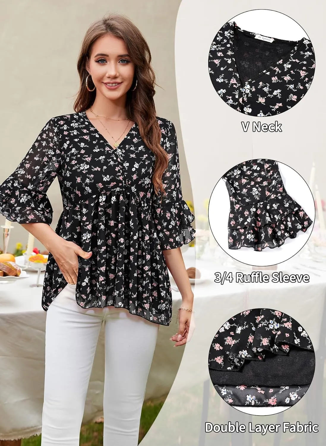 Bulotus Womens 3/4 Sleeve Ruffle Dressy Casual Tops V Neck Chiffon Blouses