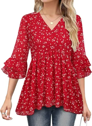Bulotus Womens 3/4 Sleeve Ruffle Dressy Casual Tops V Neck Chiffon Blouses