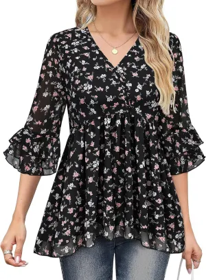 Bulotus Womens 3/4 Sleeve Ruffle Dressy Casual Tops V Neck Chiffon Blouses