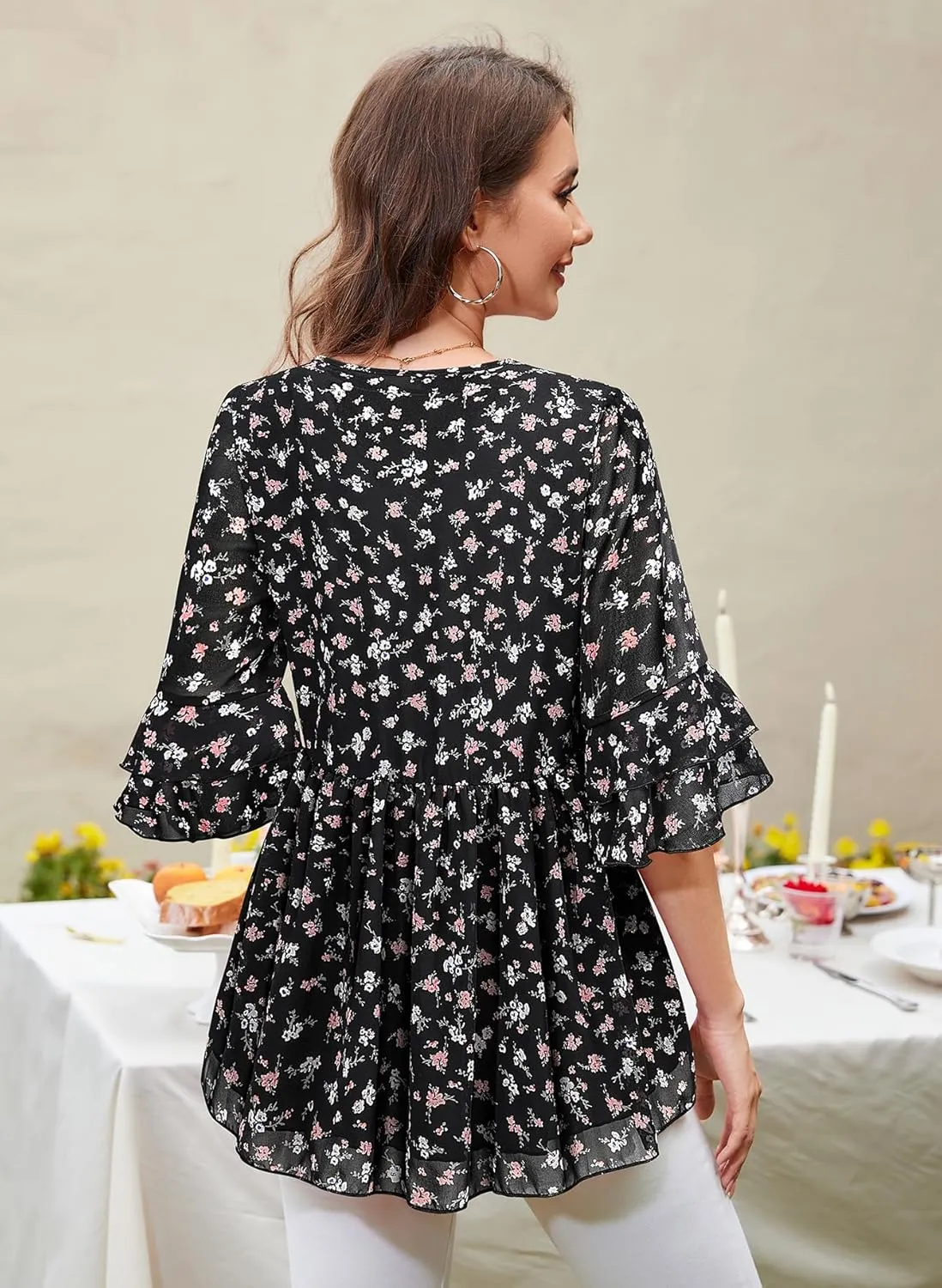 Bulotus Womens 3/4 Sleeve Ruffle Dressy Casual Tops V Neck Chiffon Blouses