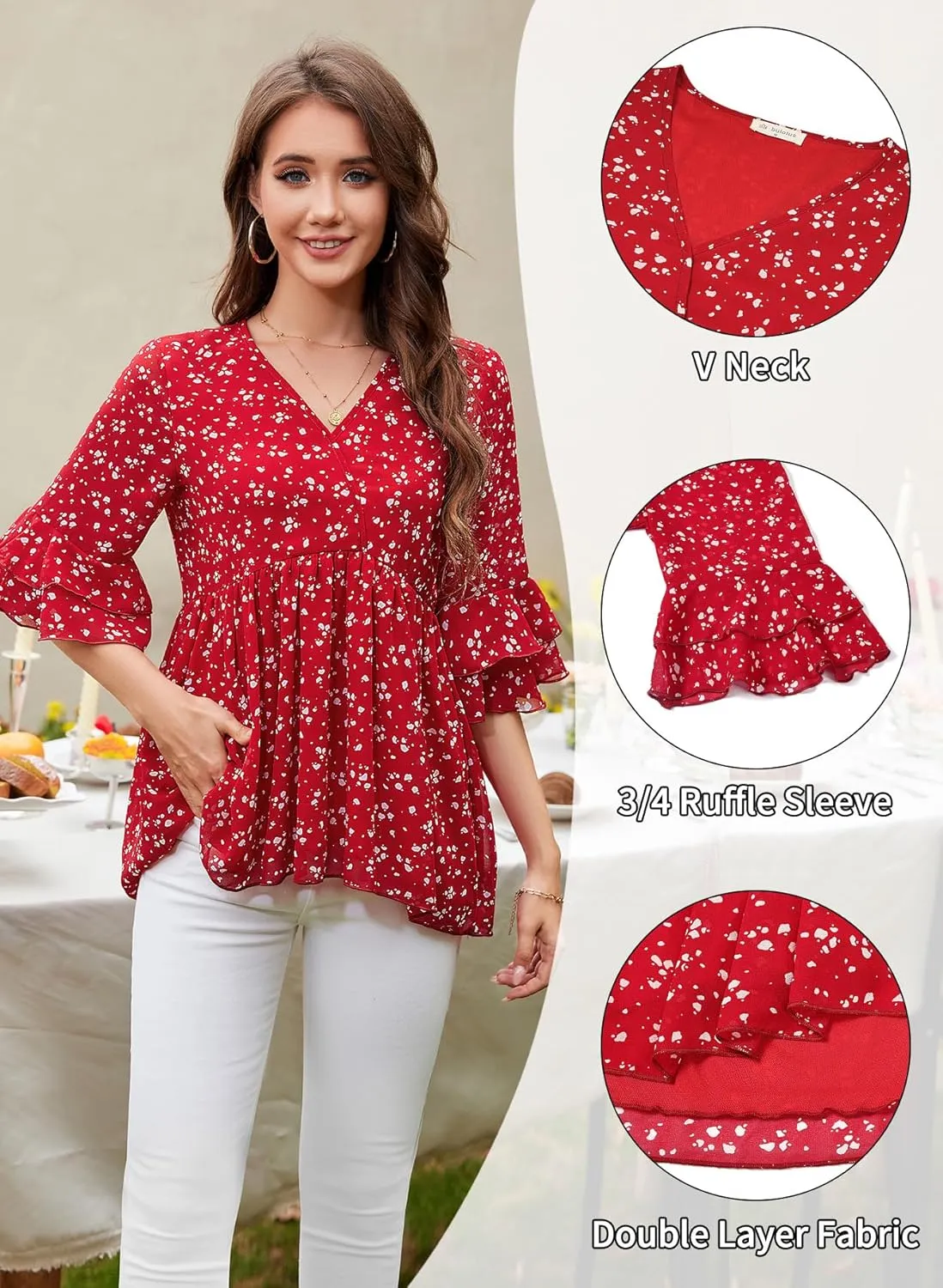Bulotus Womens 3/4 Sleeve Ruffle Dressy Casual Tops V Neck Chiffon Blouses