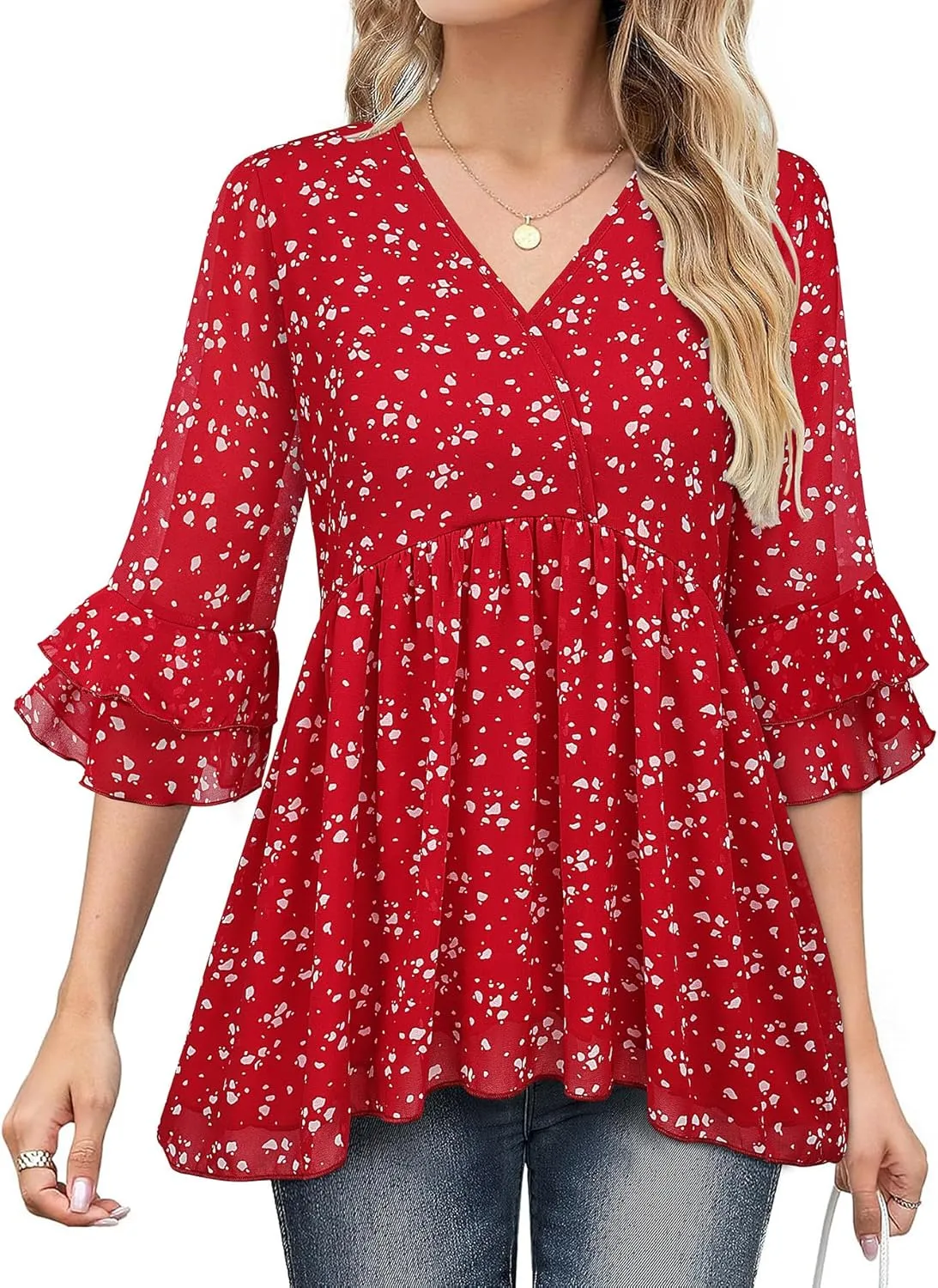 Bulotus Womens 3/4 Sleeve Ruffle Dressy Casual Tops V Neck Chiffon Blouses