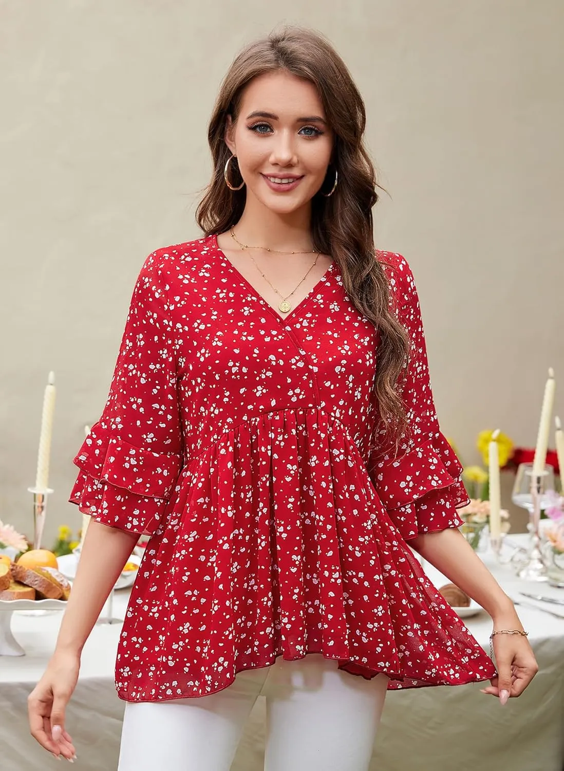 Bulotus Womens 3/4 Sleeve Ruffle Dressy Casual Tops V Neck Chiffon Blouses