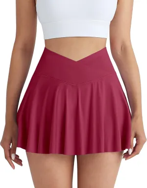 CHRLEISURE Women Tennis Golf Skirt with Pockets - High Waisted Crossover Golf Pleated Athletic Workout Dress Running Skort
