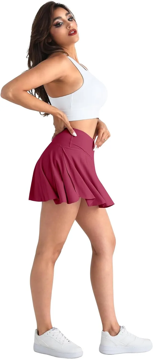 CHRLEISURE Women Tennis Golf Skirt with Pockets - High Waisted Crossover Golf Pleated Athletic Workout Dress Running Skort