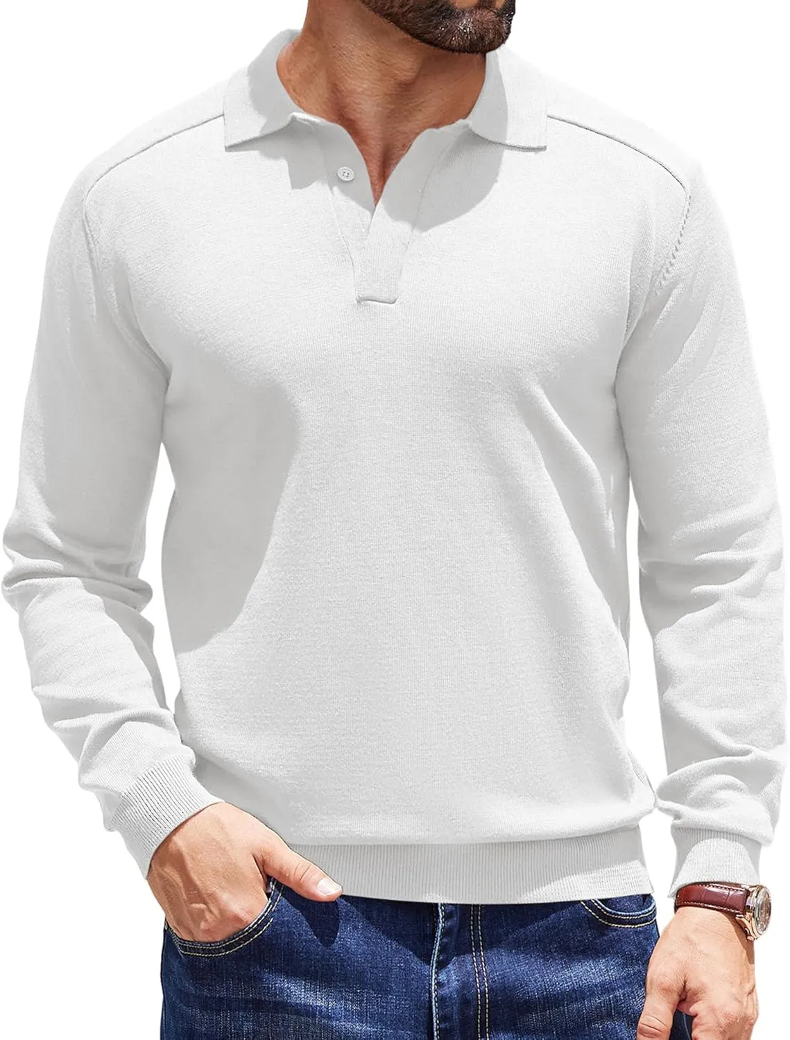 COOFANDY Mens Knit Polo Sweater Long Sleeve Collared Polo Hidden Button Casual Pullover Sweaters