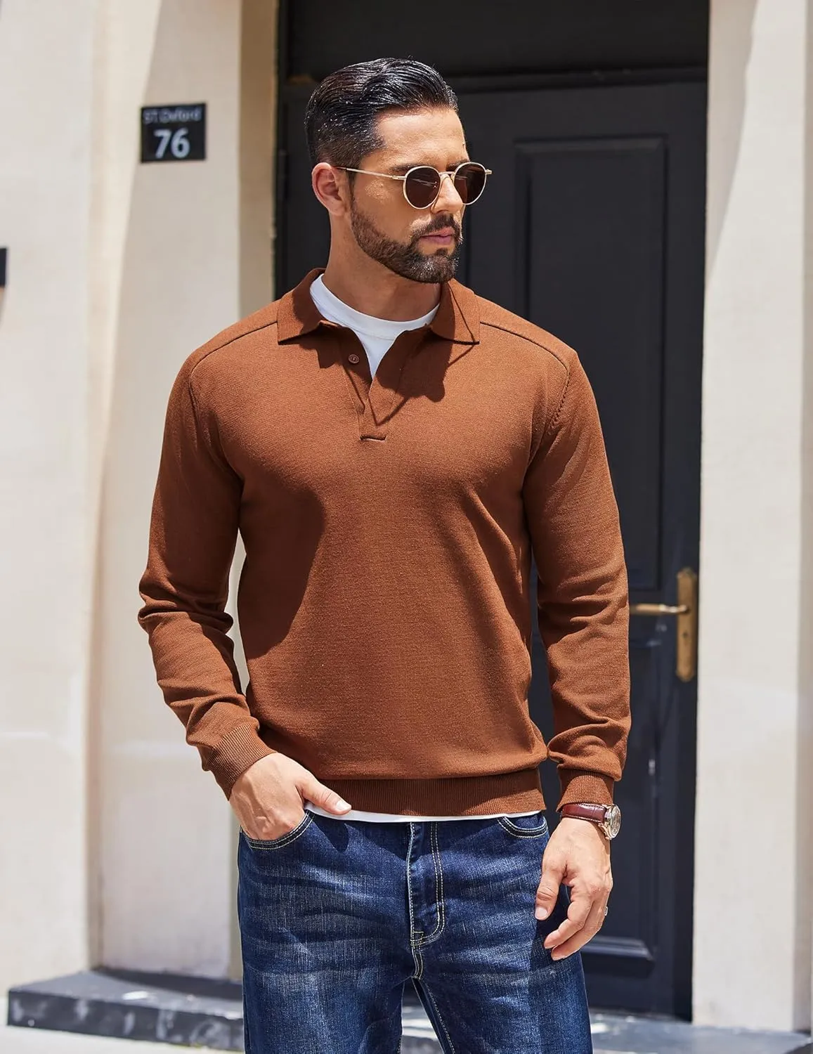COOFANDY Mens Knit Polo Sweater Long Sleeve Collared Polo Hidden Button Casual Pullover Sweaters