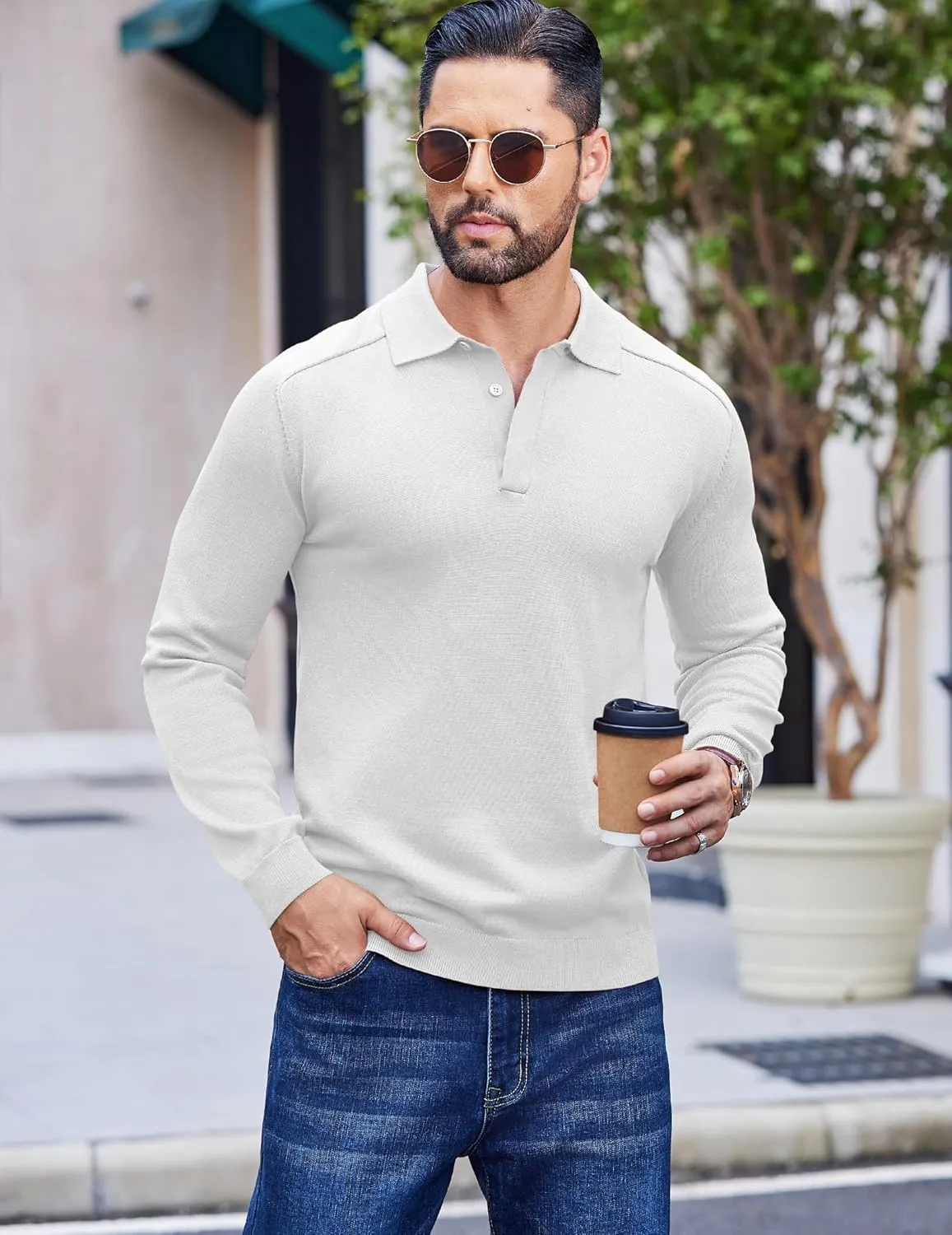 COOFANDY Mens Knit Polo Sweater Long Sleeve Collared Polo Hidden Button Casual Pullover Sweaters