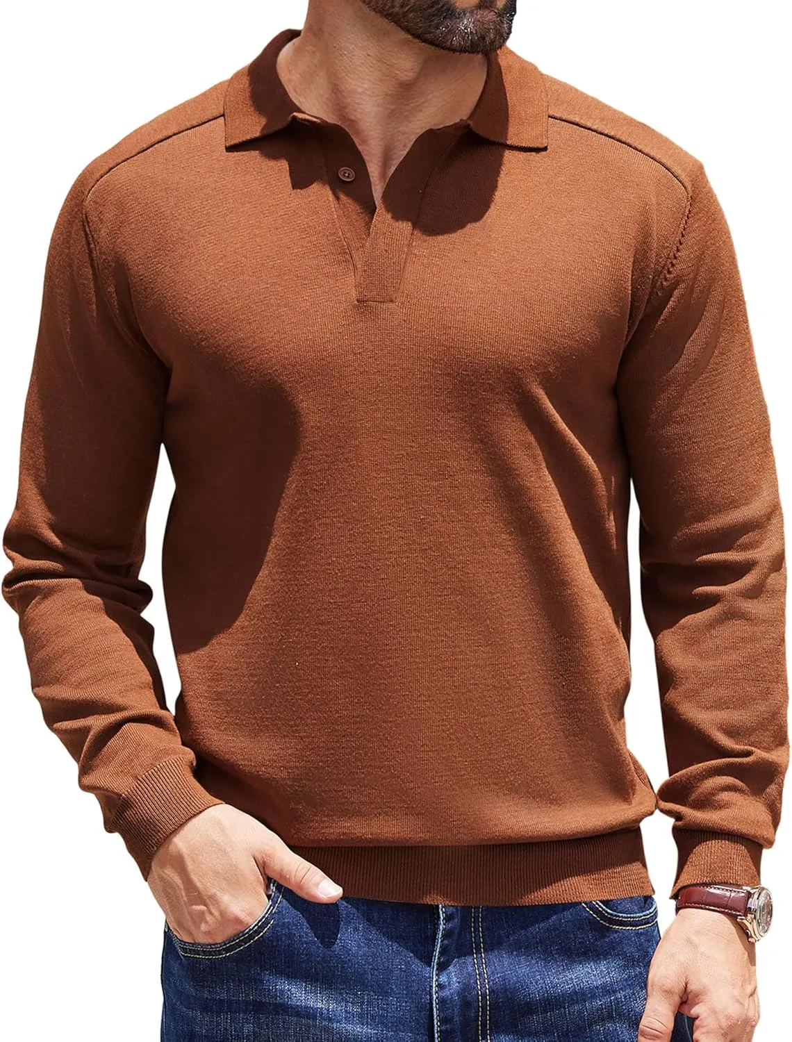 COOFANDY Mens Knit Polo Sweater Long Sleeve Collared Polo Hidden Button Casual Pullover Sweaters