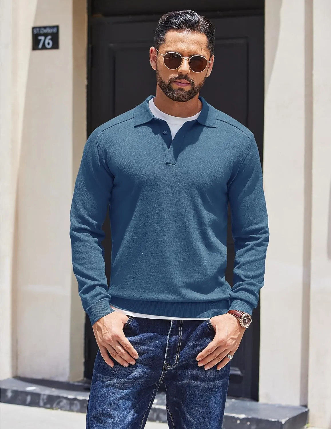 COOFANDY Mens Knit Polo Sweater Long Sleeve Collared Polo Hidden Button Casual Pullover Sweaters