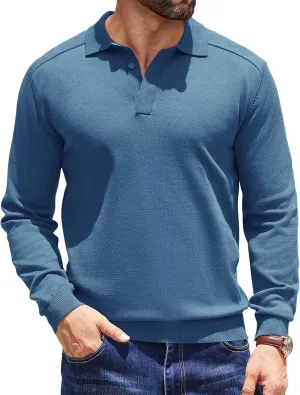 COOFANDY Mens Knit Polo Sweater Long Sleeve Collared Polo Hidden Button Casual Pullover Sweaters