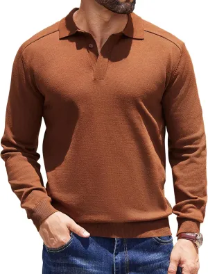 COOFANDY Mens Knit Polo Sweater Long Sleeve Collared Polo Hidden Button Casual Pullover Sweaters
