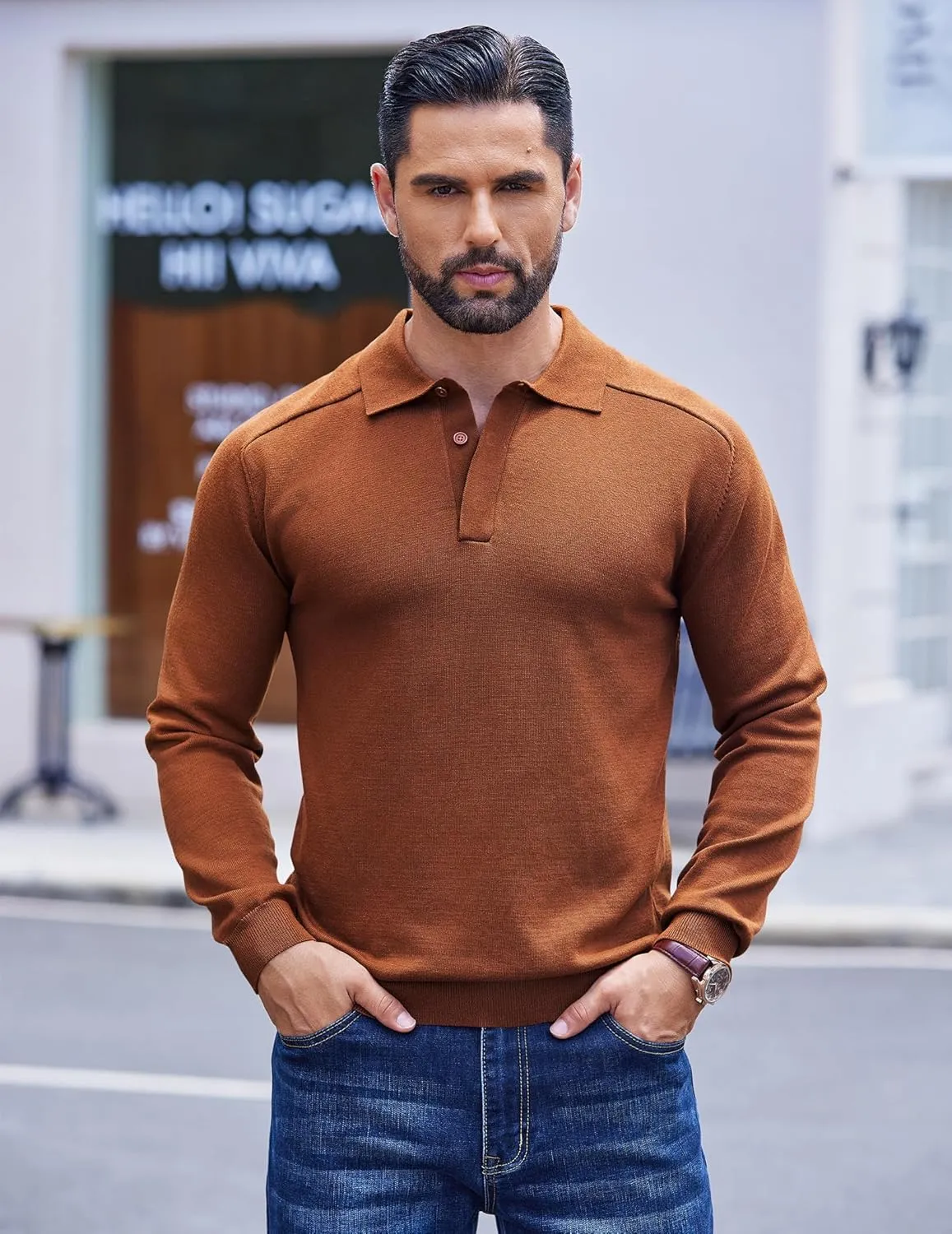 COOFANDY Mens Knit Polo Sweater Long Sleeve Collared Polo Hidden Button Casual Pullover Sweaters