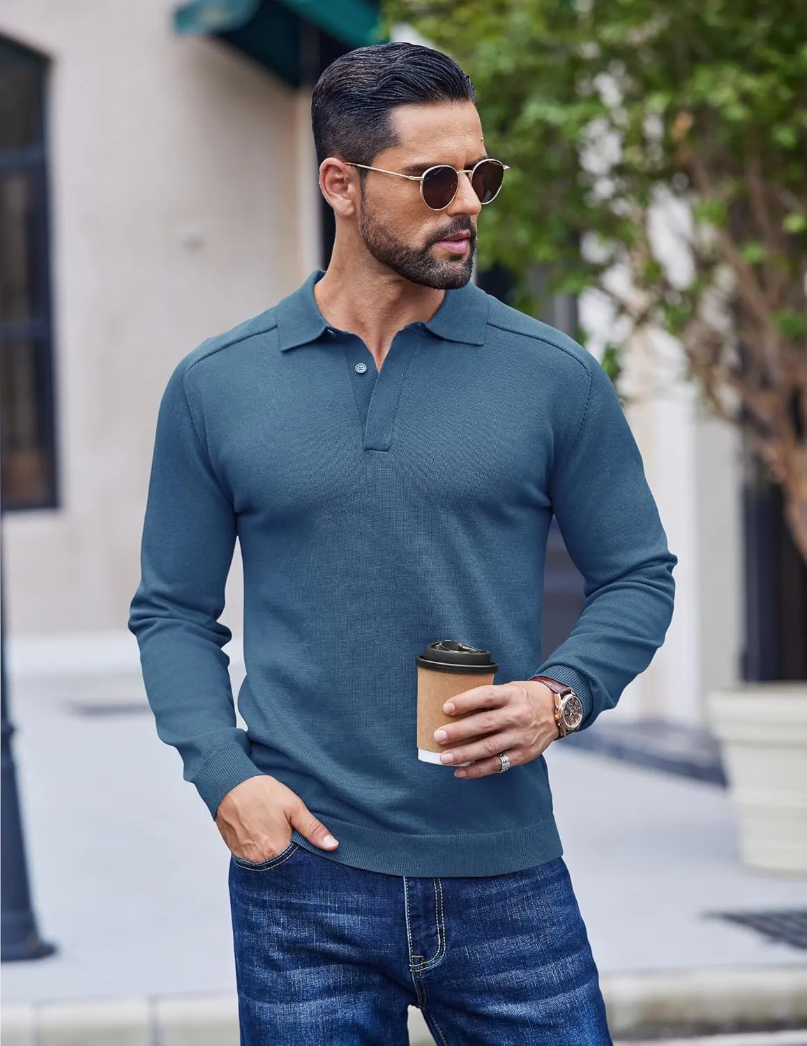 COOFANDY Mens Knit Polo Sweater Long Sleeve Collared Polo Hidden Button Casual Pullover Sweaters