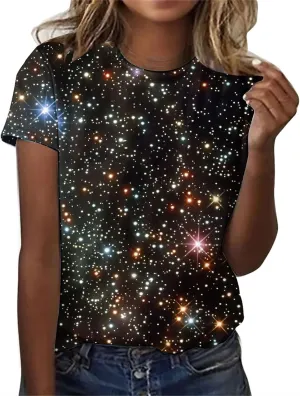 Cute Summer Tops for Women Galaxy Space Print Petite Shirts Casual Short Sleeve Crewneck Graphic Tees Blouses