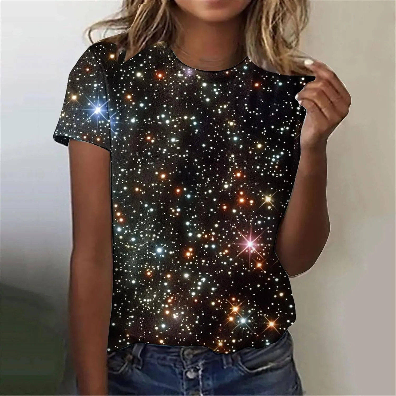 Cute Summer Tops for Women Galaxy Space Print Petite Shirts Casual Short Sleeve Crewneck Graphic Tees Blouses
