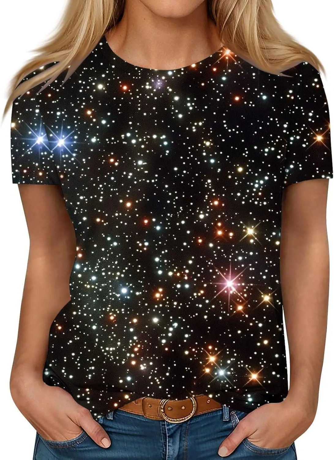 Cute Summer Tops for Women Galaxy Space Print Petite Shirts Casual Short Sleeve Crewneck Graphic Tees Blouses
