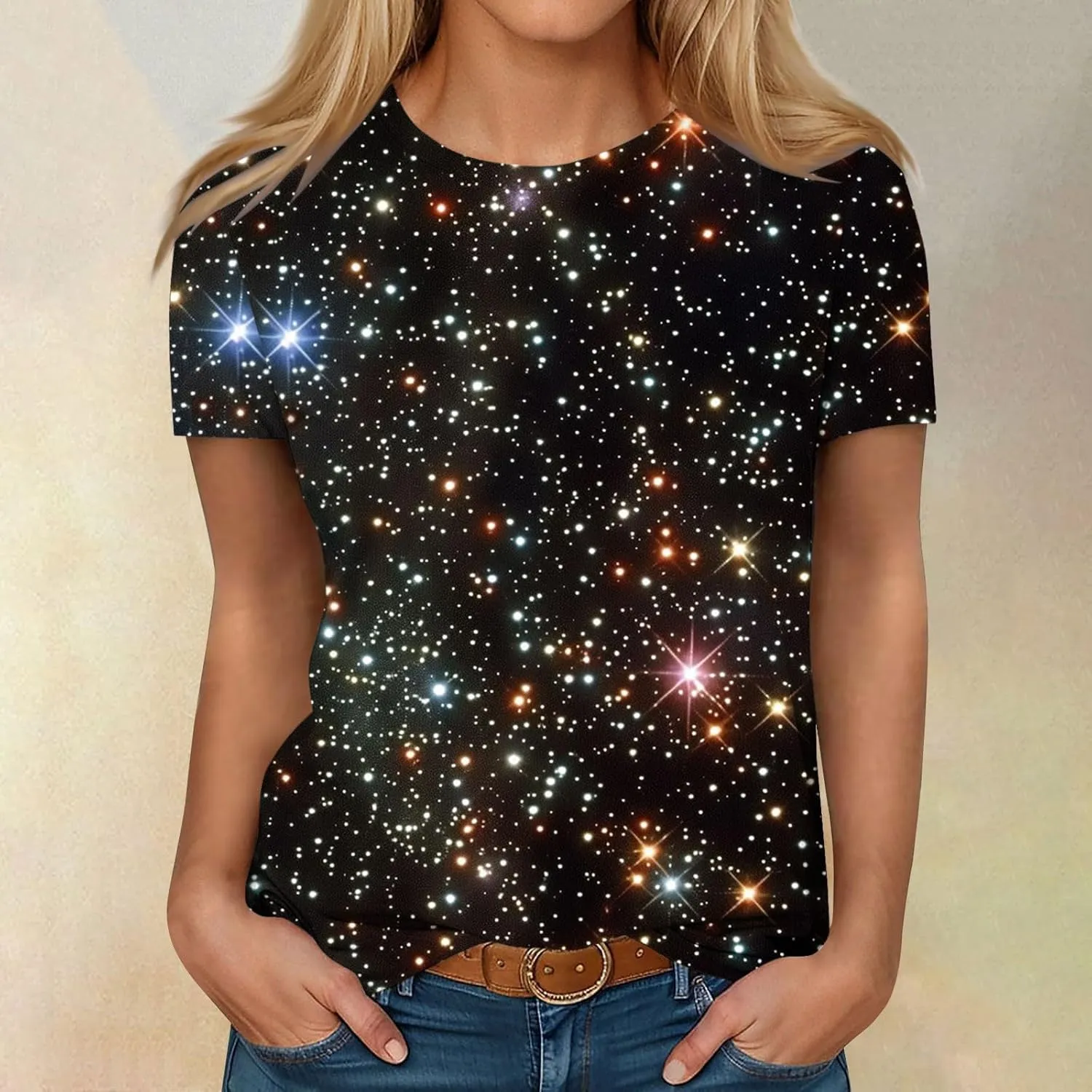Cute Summer Tops for Women Galaxy Space Print Petite Shirts Casual Short Sleeve Crewneck Graphic Tees Blouses