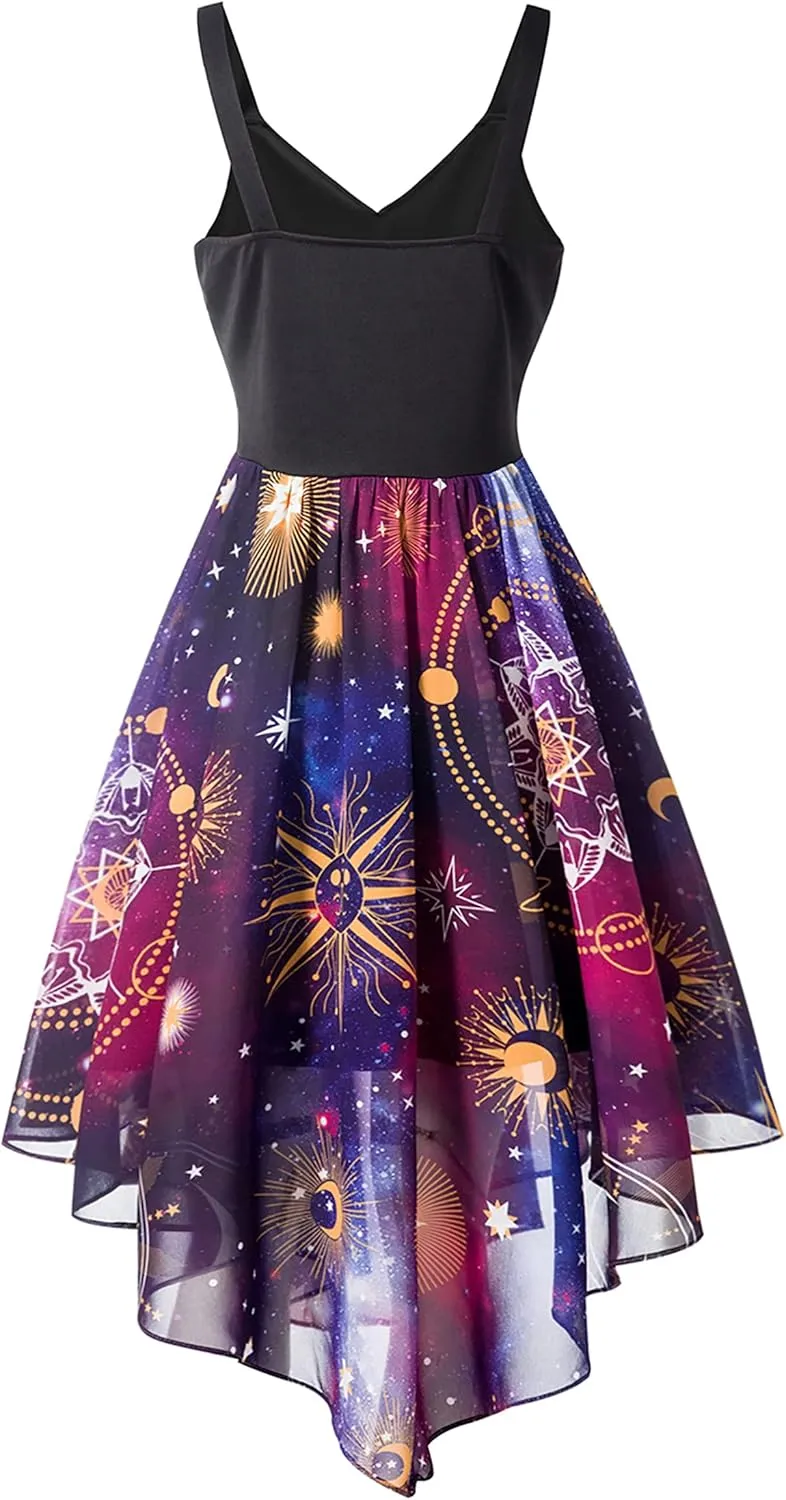 FEAPHY Women's Vintage Chiffon Sun Moon Star Sleeveless A-Line High Low Dress