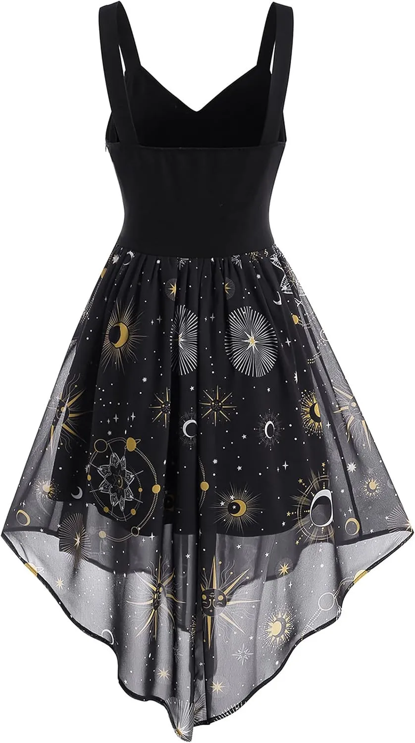 FEAPHY Women's Vintage Chiffon Sun Moon Star Sleeveless A-Line High Low Dress