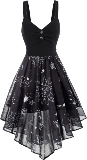 FEAPHY Women's Vintage Chiffon Sun Moon Star Sleeveless A-Line High Low Dress